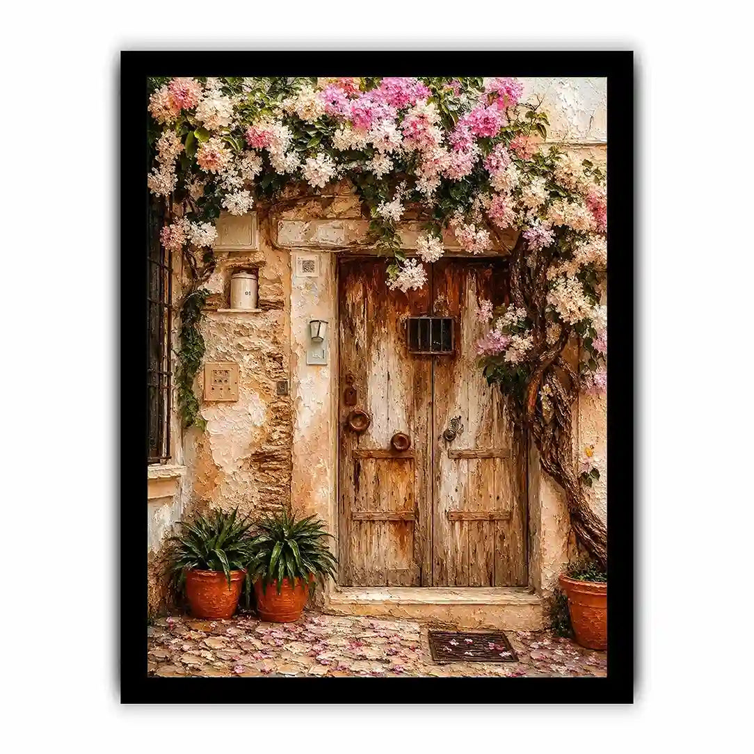 Mediterranean floral doorway canvas art with pink bougainvillea for elegant entryway or living room decor.