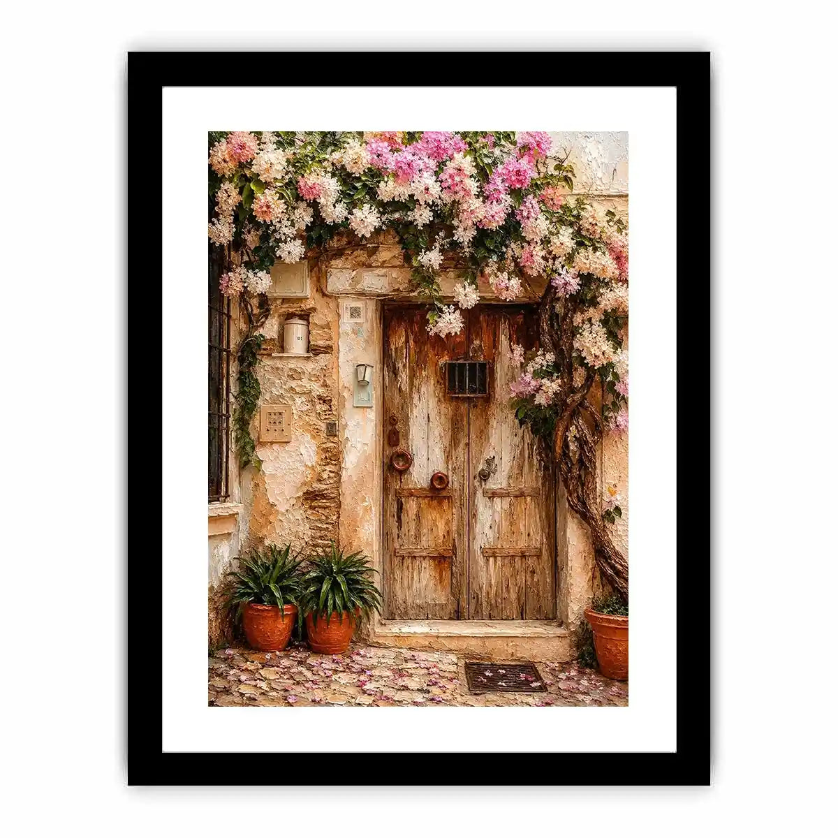 Mediterranean floral doorway canvas art with pink bougainvillea for elegant entryway or living room decor.