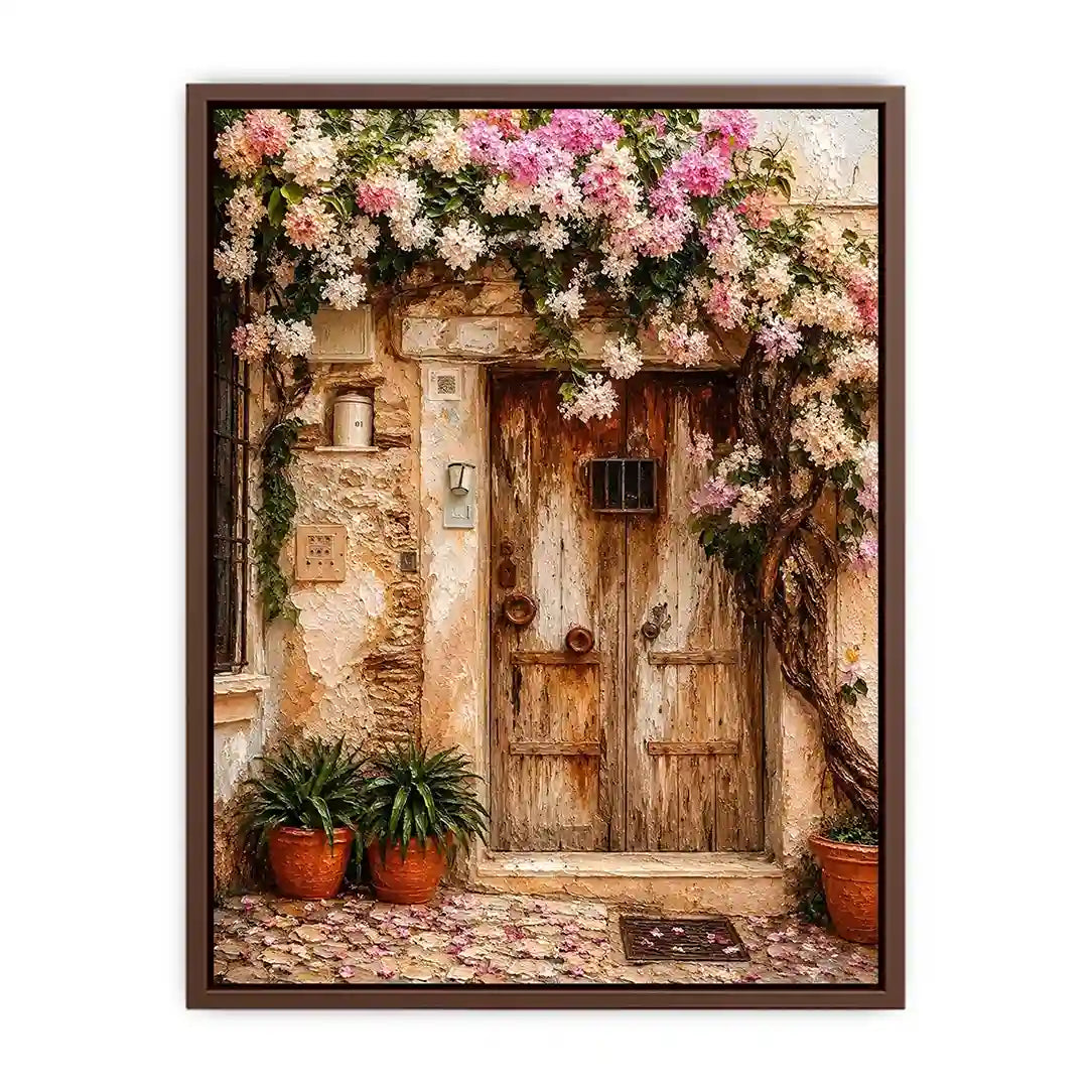 Mediterranean floral doorway canvas art with pink bougainvillea for elegant entryway or living room decor.