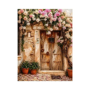 Mediterranean floral doorway canvas art with pink bougainvillea for elegant entryway or living room decor.