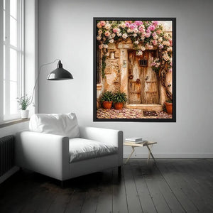 Mediterranean floral doorway canvas art with pink bougainvillea for elegant entryway or living room decor.