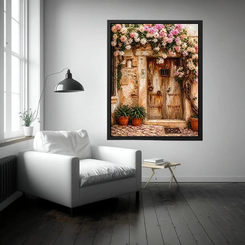 Mediterranean floral doorway canvas art with pink bougainvillea for elegant entryway or living room decor.