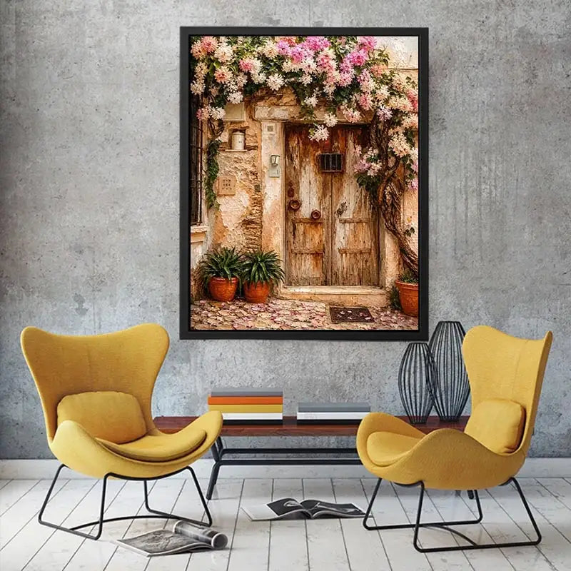 Mediterranean floral doorway canvas art with pink bougainvillea for elegant entryway or living room decor.