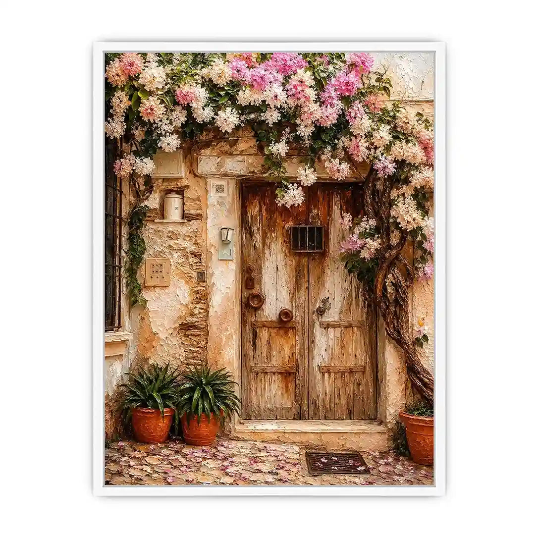 Mediterranean floral doorway canvas art with pink bougainvillea for elegant entryway or living room decor.
