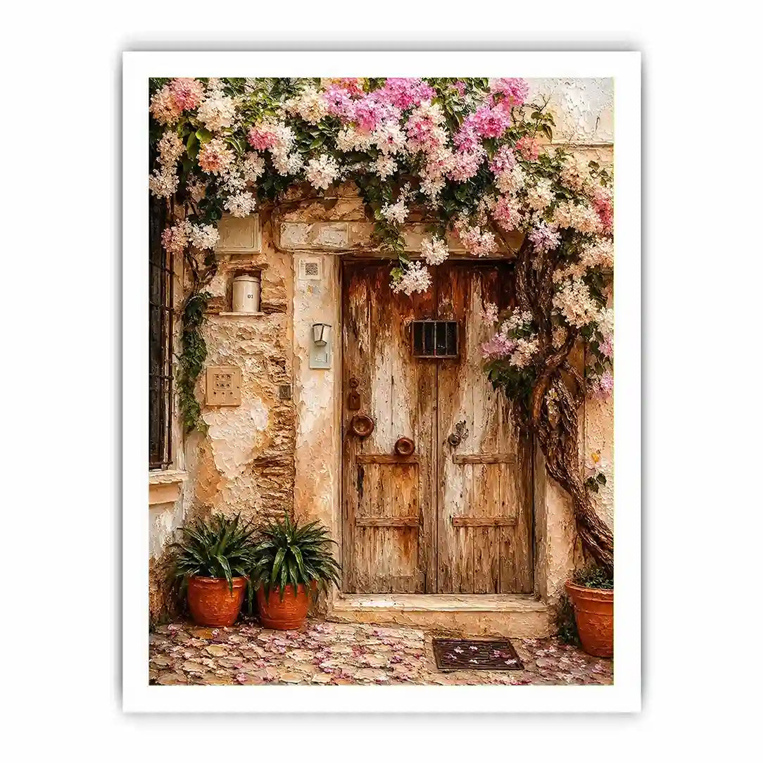 Mediterranean floral doorway canvas art with pink bougainvillea for elegant entryway or living room decor.