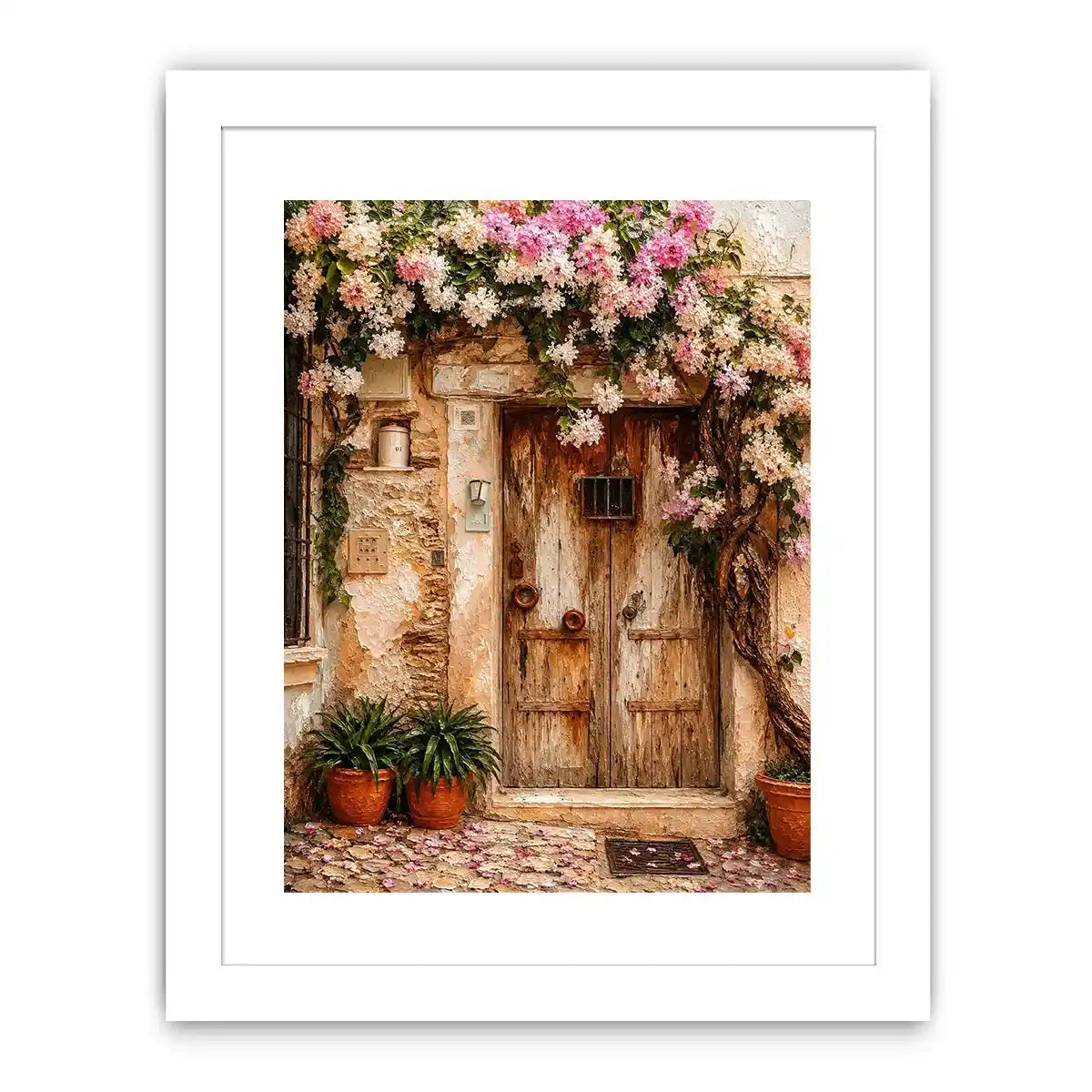Mediterranean floral doorway canvas art with pink bougainvillea for elegant entryway or living room decor.