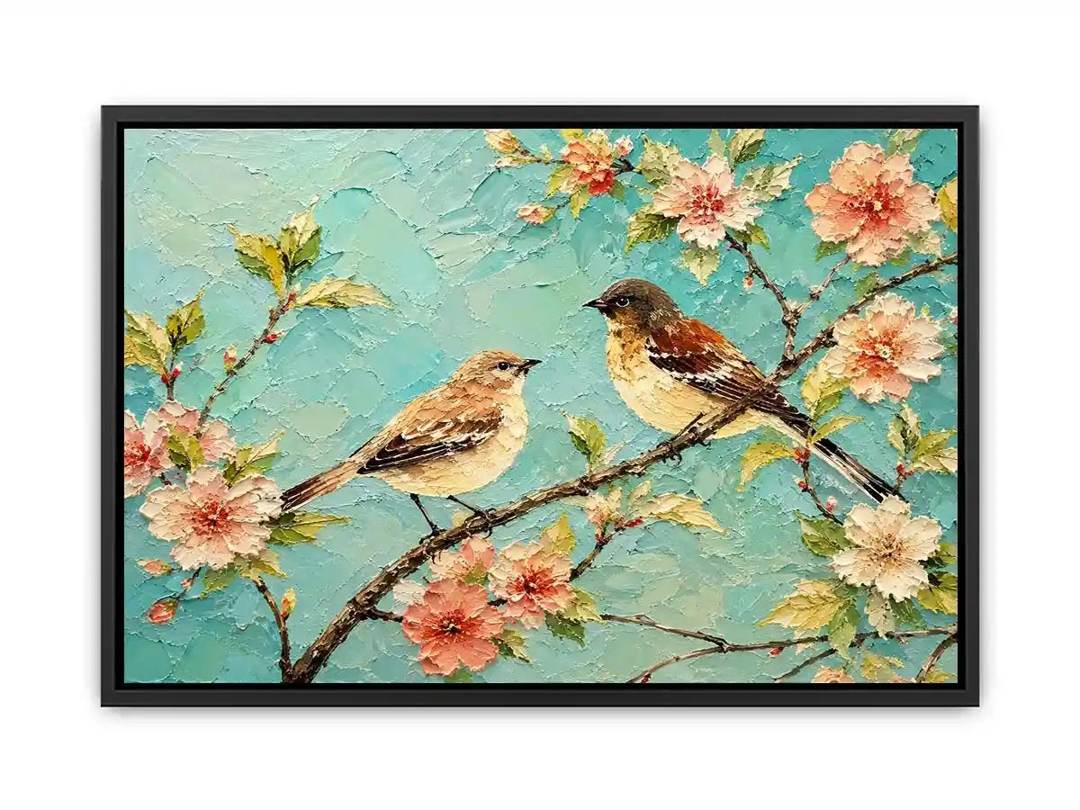 Pastel bird and floral canvas art for serene bedroom or living room wall decor.