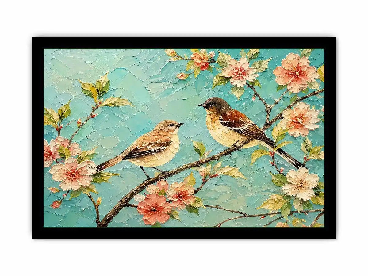 Pastel bird and floral canvas art for serene bedroom or living room wall decor.