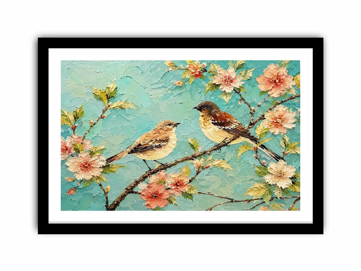 Pastel bird and floral canvas art for serene bedroom or living room wall decor.
