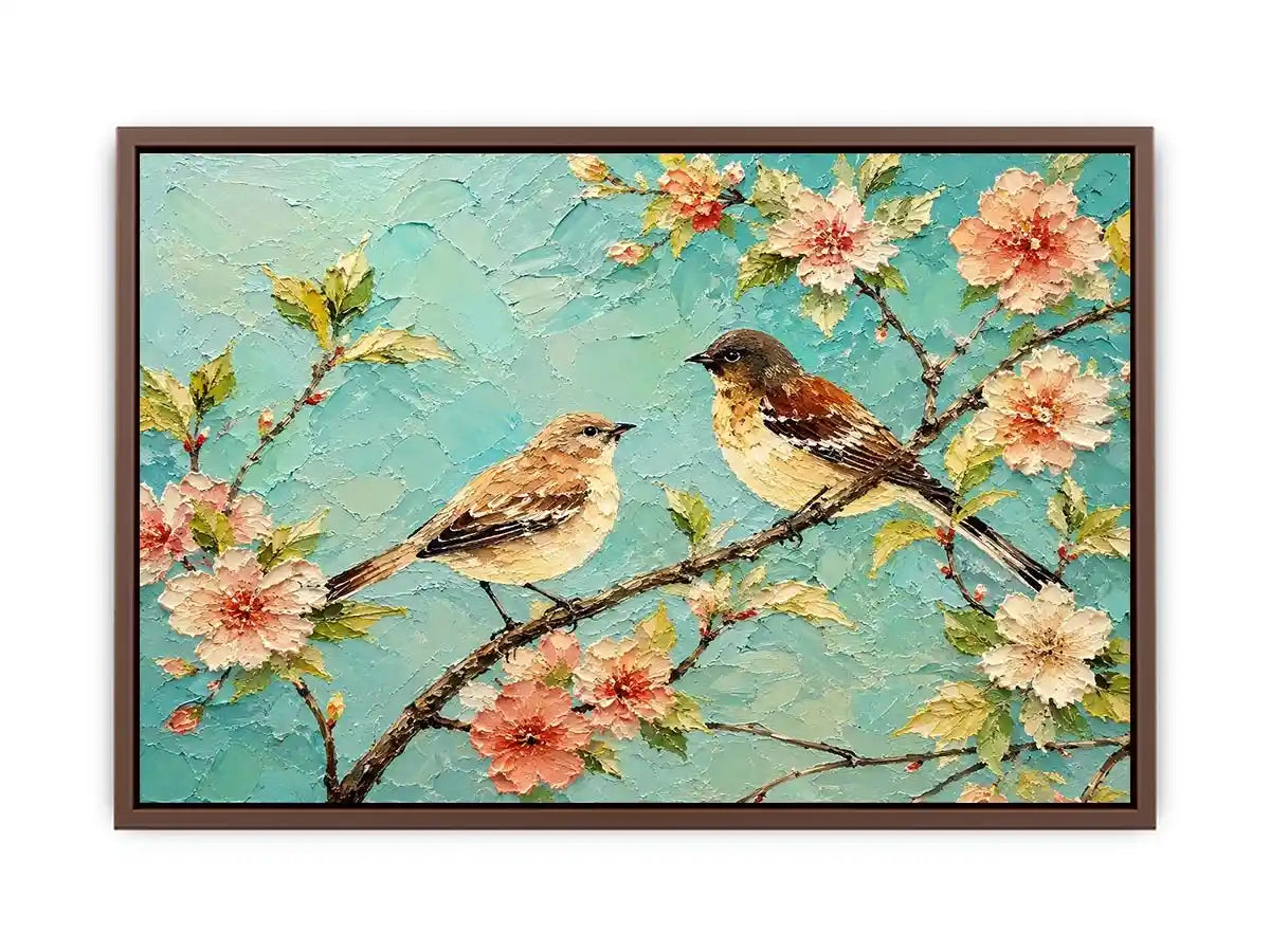 Pastel bird and floral canvas art for serene bedroom or living room wall decor.