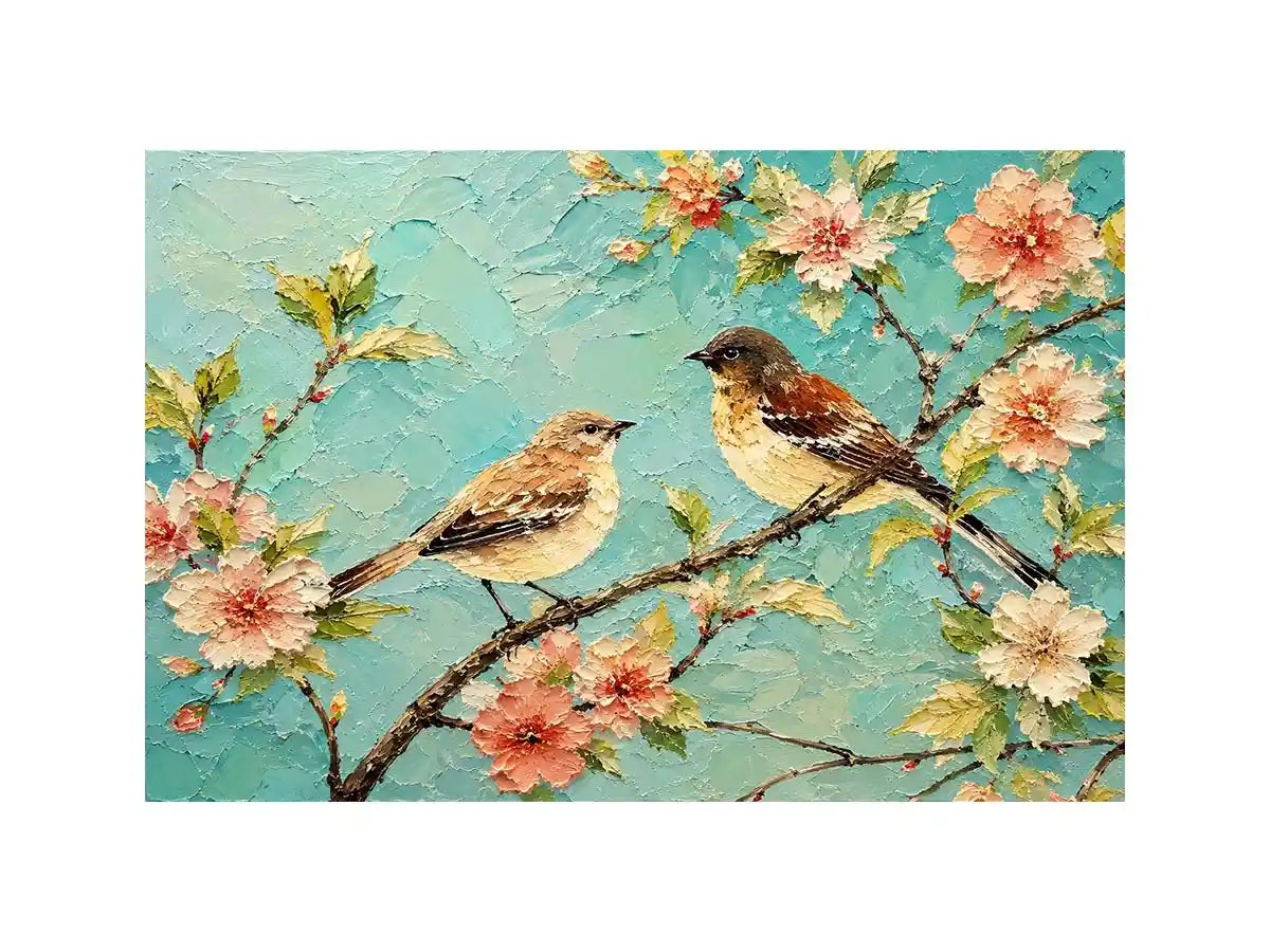 Pastel bird and floral canvas art for serene bedroom or living room wall decor.