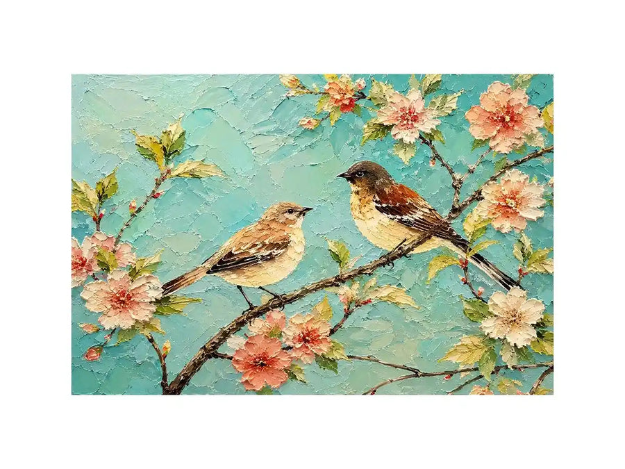 Pastel bird and floral canvas art for serene bedroom or living room wall decor.