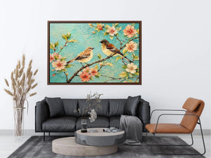 Pastel bird and floral canvas art for serene bedroom or living room wall decor.