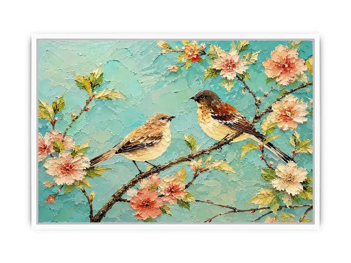 Pastel bird and floral canvas art for serene bedroom or living room wall decor.