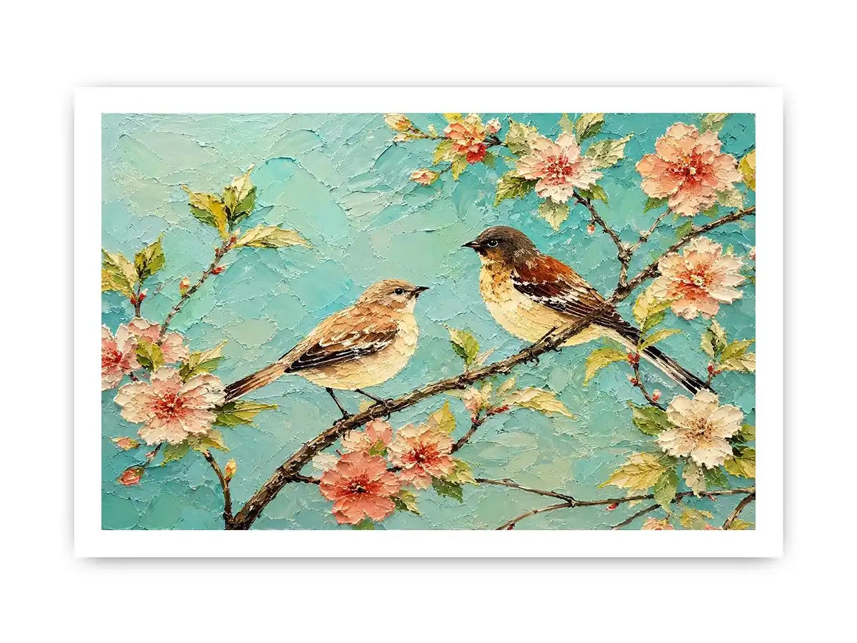 Pastel bird and floral canvas art for serene bedroom or living room wall decor.