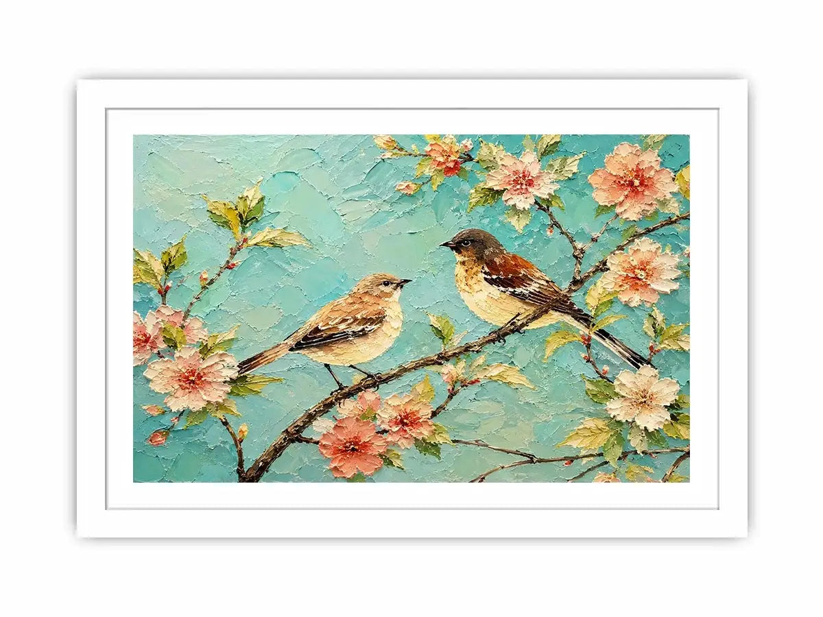 Pastel bird and floral canvas art for serene bedroom or living room wall decor.