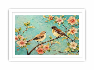 Pastel bird and floral canvas art for serene bedroom or living room wall decor.