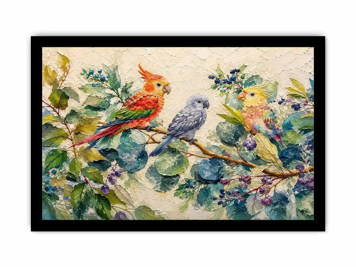 Colorful parrot botanical canvas art for tropical living room or office wall decor.