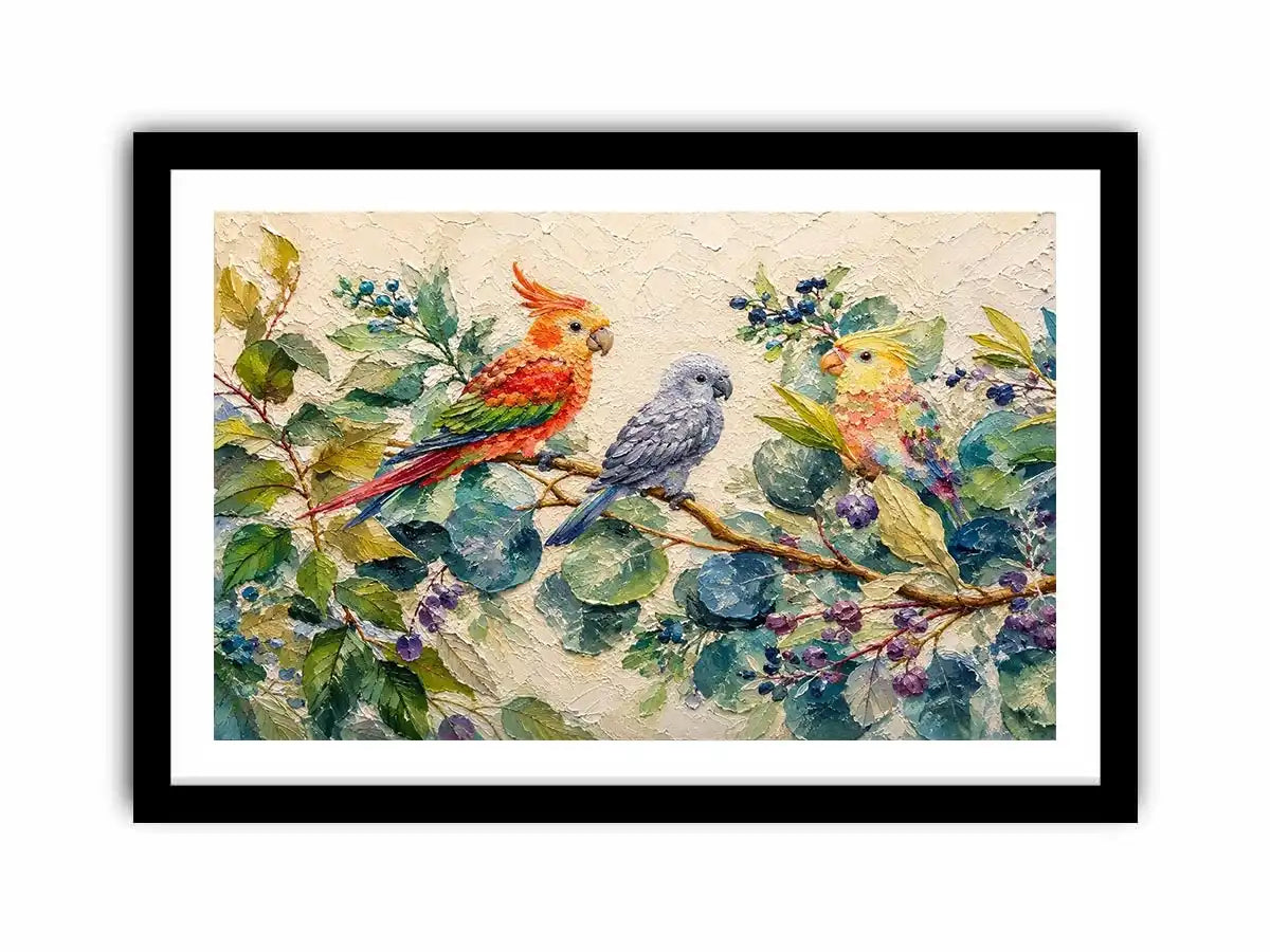 Colorful parrot botanical canvas art for tropical living room or office wall decor.