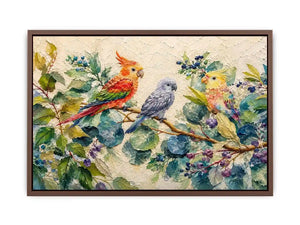 Colorful parrot botanical canvas art for tropical living room or office wall decor.