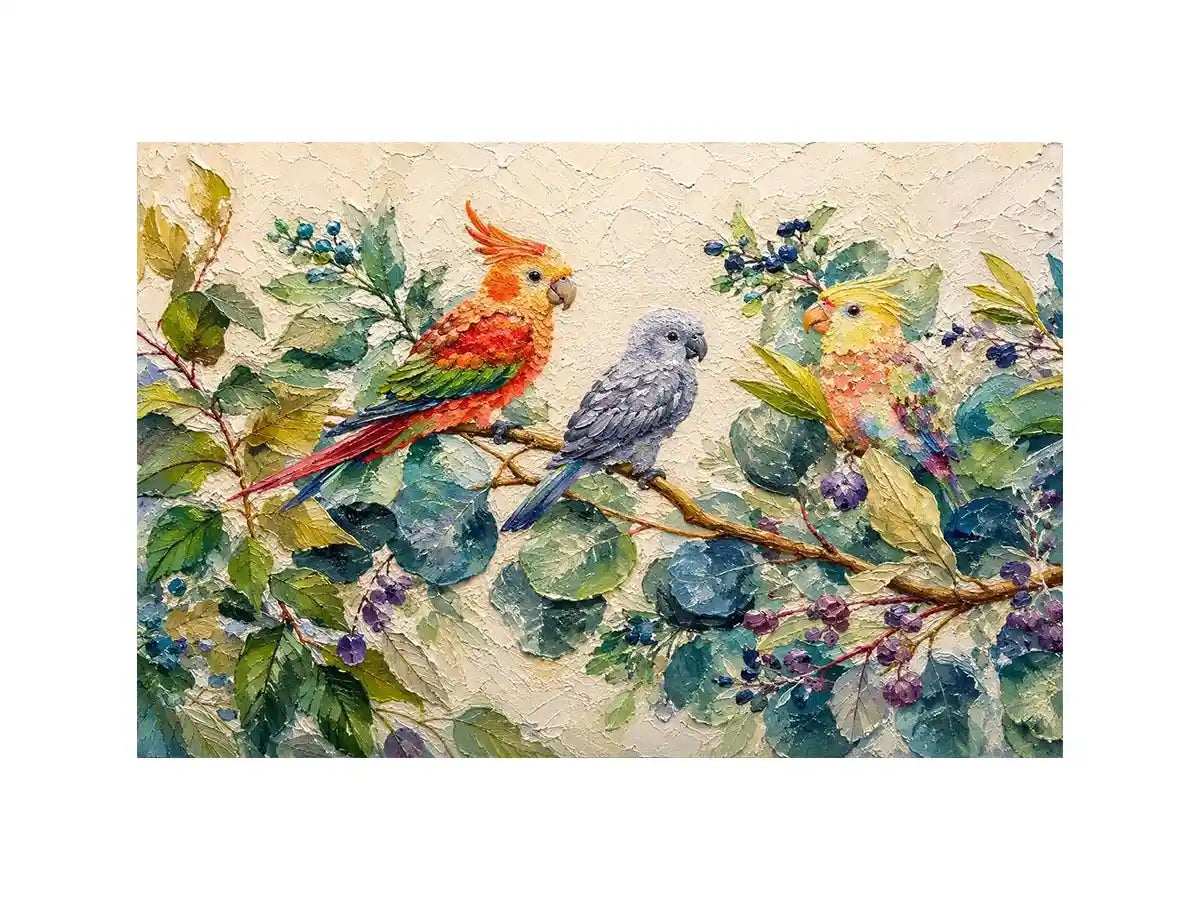 Colorful parrot botanical canvas art for tropical living room or office wall decor.