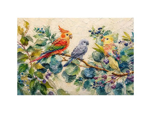 Colorful parrot botanical canvas art for tropical living room or office wall decor.