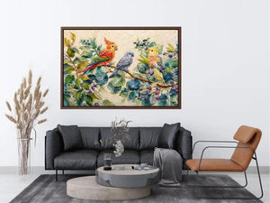 Colorful parrot botanical canvas art for tropical living room or office wall decor.