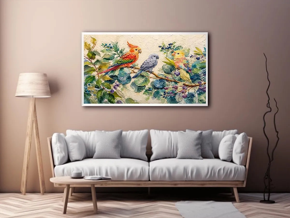 Colorful parrot botanical canvas art for tropical living room or office wall decor.