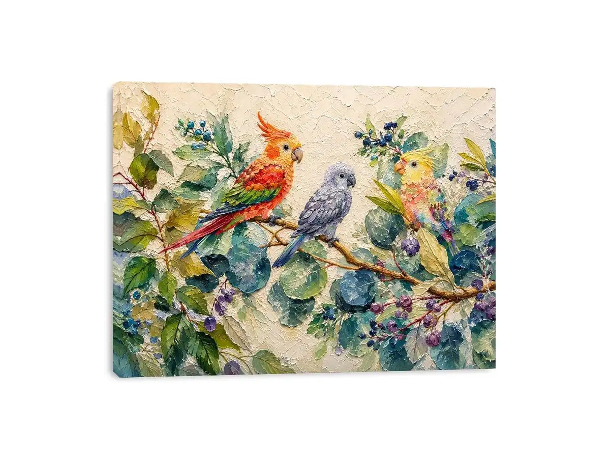 Colorful parrot botanical canvas art for tropical living room or office wall decor.