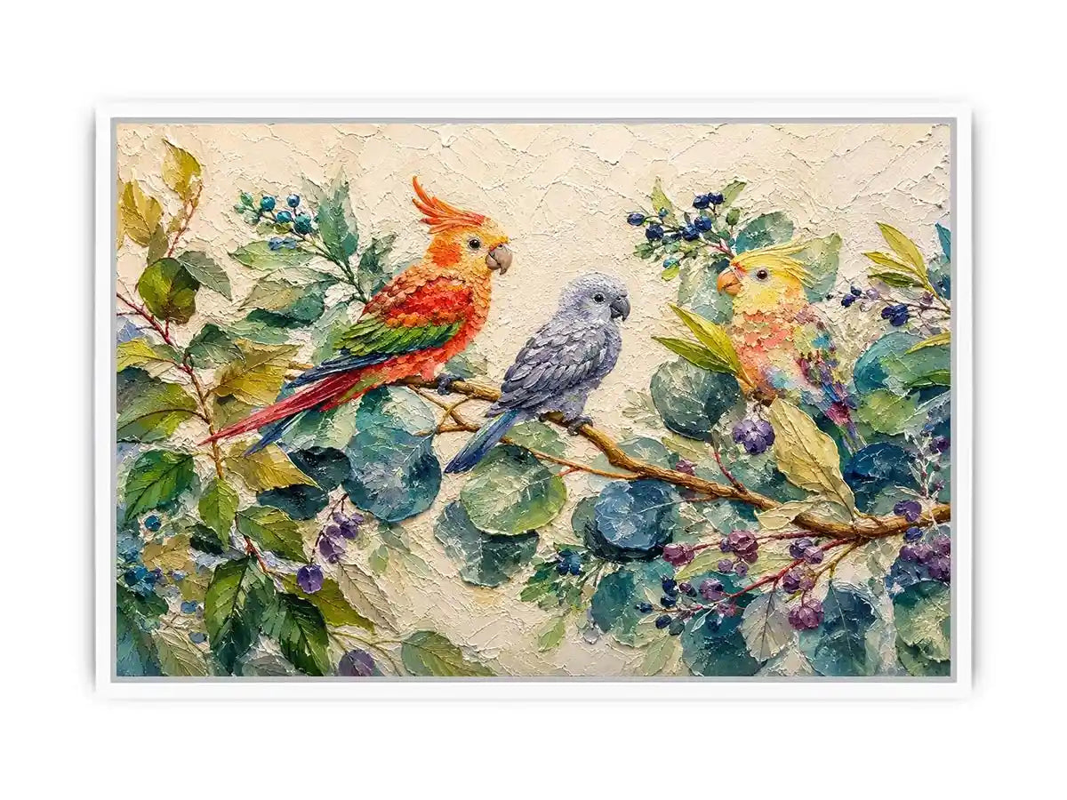 Colorful parrot botanical canvas art for tropical living room or office wall decor.