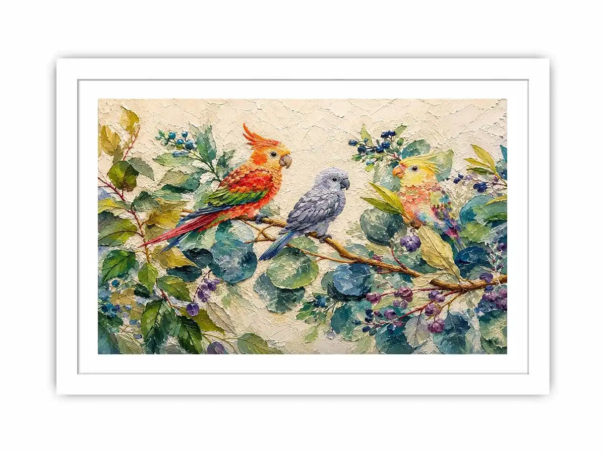Colorful parrot botanical canvas art for tropical living room or office wall decor.