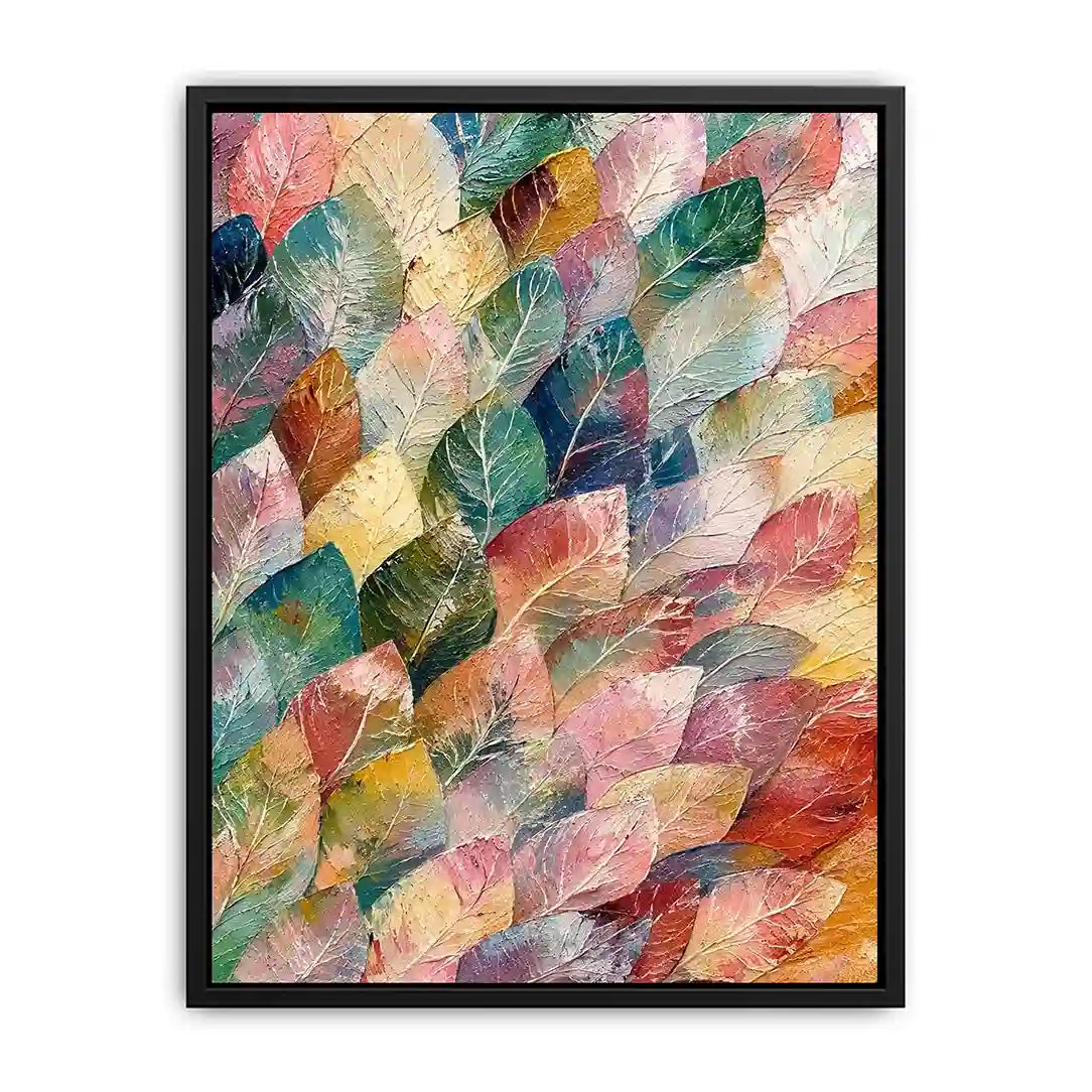 Abstract botanical leaf canvas art with soft pastel tones for modern living room or bedroom decor.