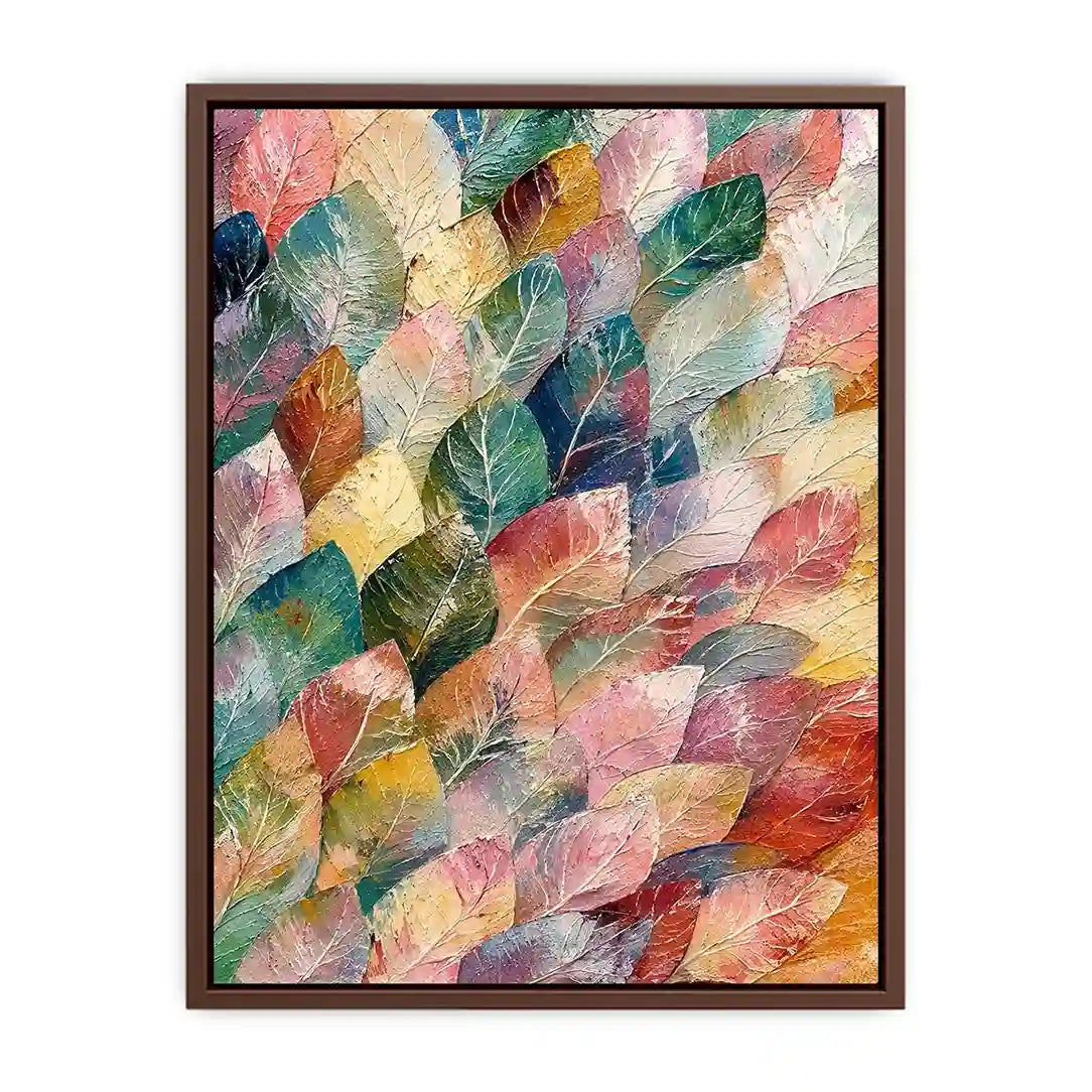 Abstract botanical leaf canvas art with soft pastel tones for modern living room or bedroom decor.