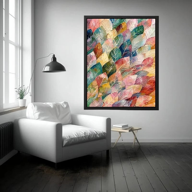 Abstract botanical leaf canvas art with soft pastel tones for modern living room or bedroom decor.