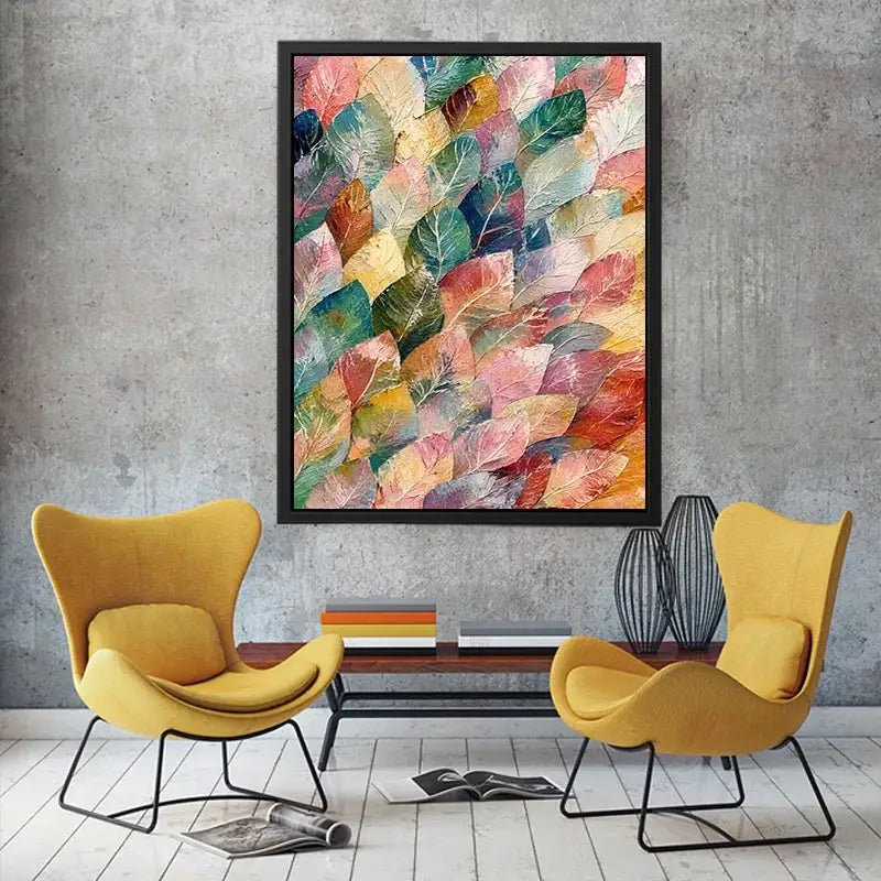 Abstract botanical leaf canvas art with soft pastel tones for modern living room or bedroom decor.