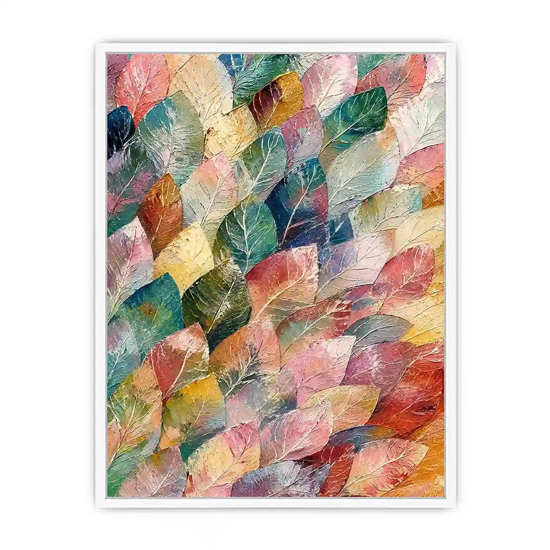 Abstract botanical leaf canvas art with soft pastel tones for modern living room or bedroom decor.
