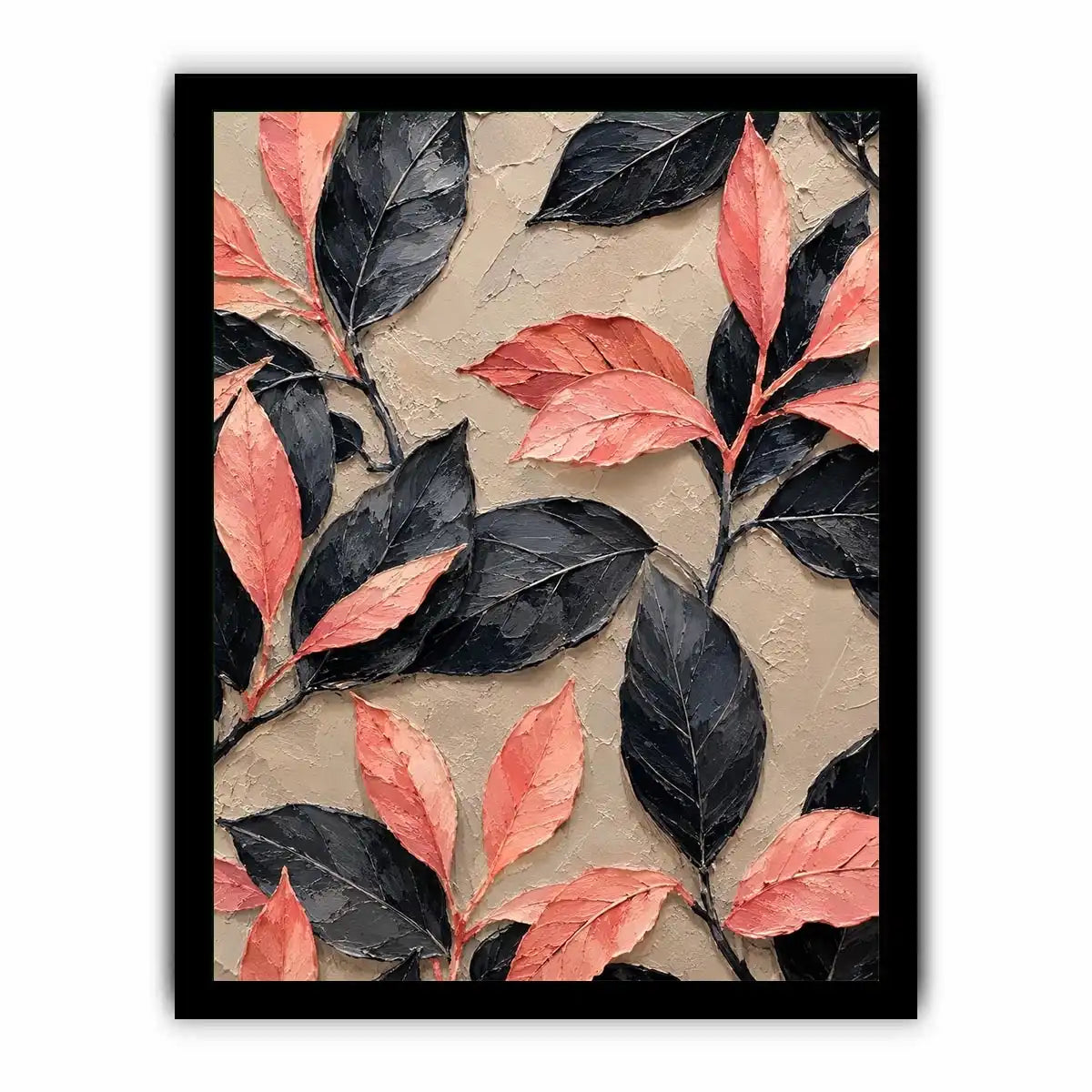 Black and coral botanical canvas art for elegant modern bedroom or living room decor.