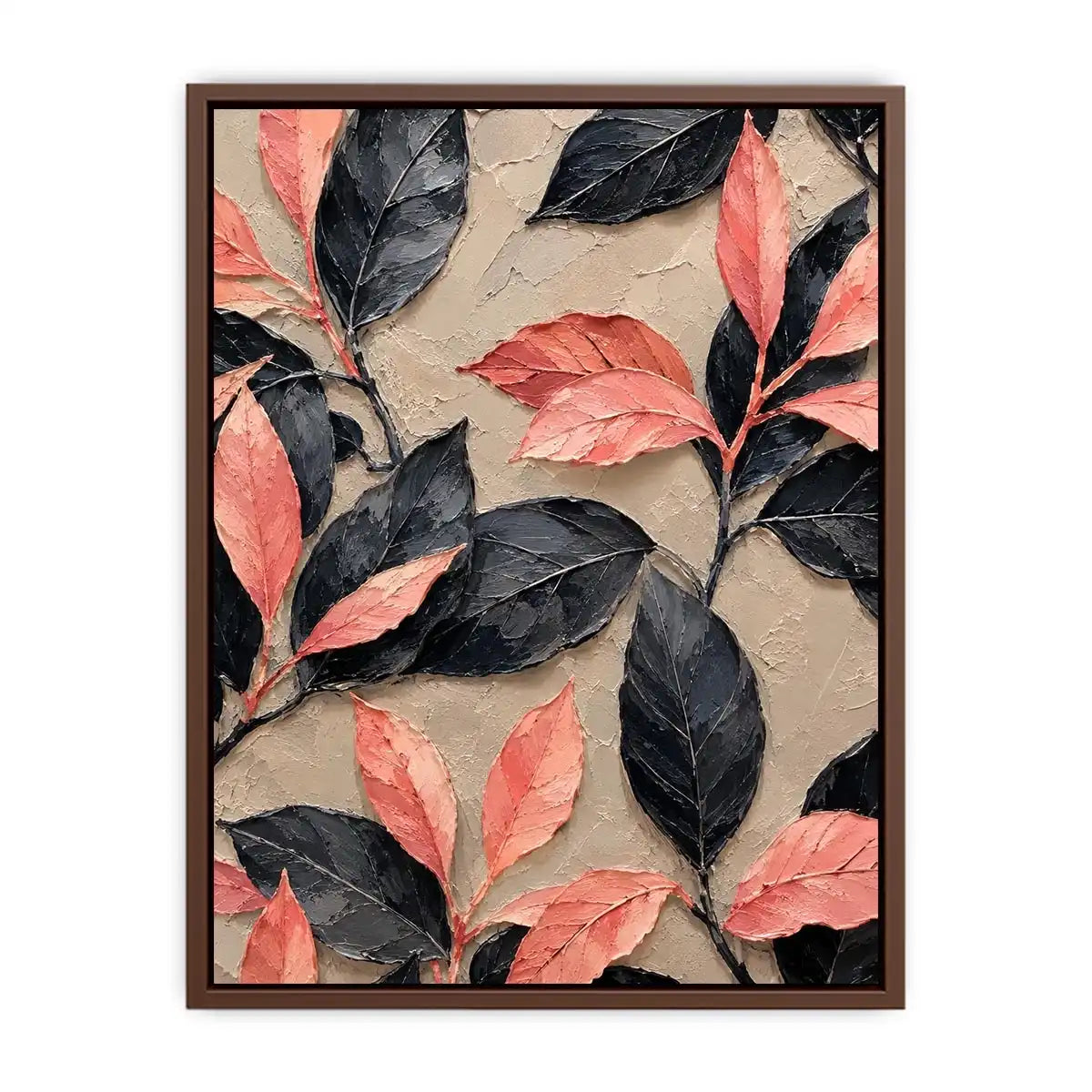 Black and coral botanical canvas art for elegant modern bedroom or living room decor.