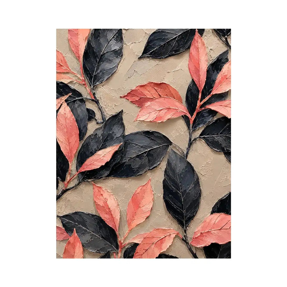 Black and coral botanical canvas art for elegant modern bedroom or living room decor.
