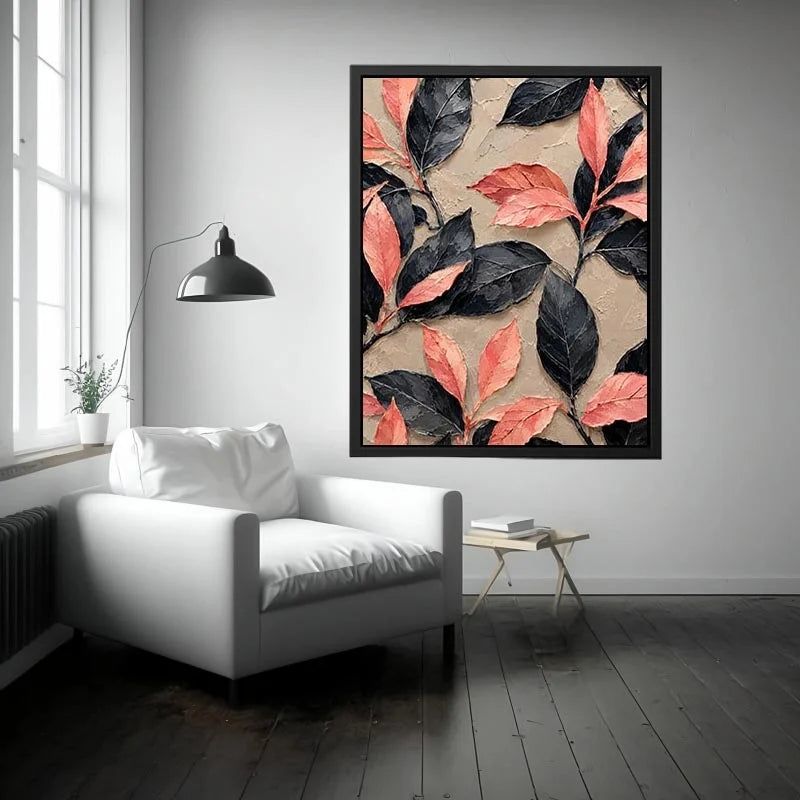 Black and coral botanical canvas art for elegant modern bedroom or living room decor.