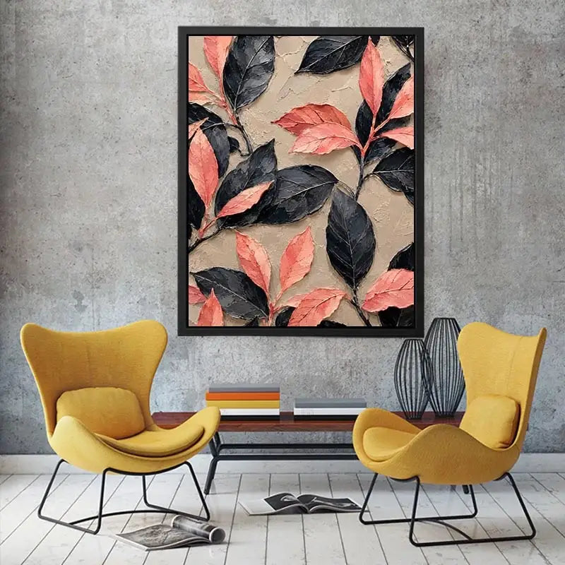 Black and coral botanical canvas art for elegant modern bedroom or living room decor.