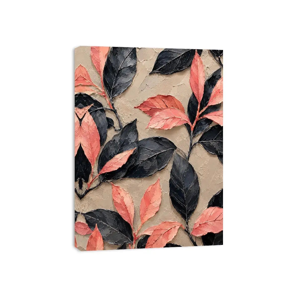 Black and coral botanical canvas art for elegant modern bedroom or living room decor.