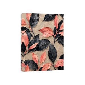Black and coral botanical canvas art for elegant modern bedroom or living room decor.