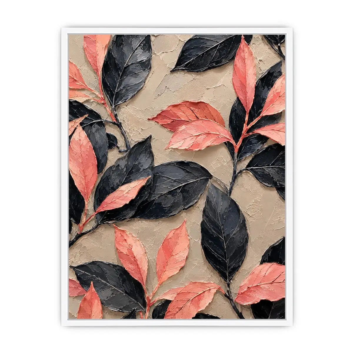 Black and coral botanical canvas art for elegant modern bedroom or living room decor.