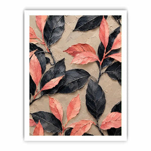Black and coral botanical canvas art for elegant modern bedroom or living room decor.