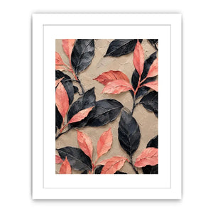 Black and coral botanical canvas art for elegant modern bedroom or living room decor.