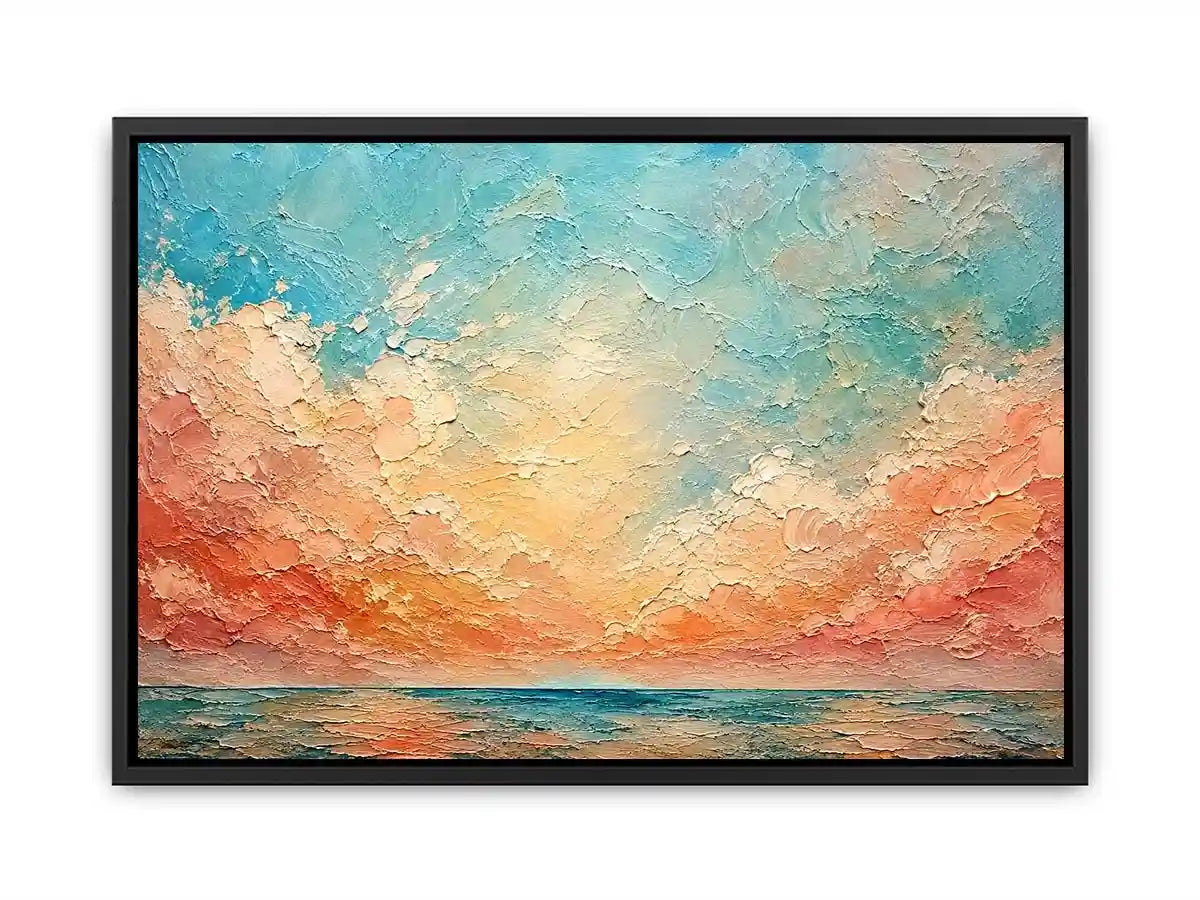 Pastel coastal seascape canvas art for calming bedroom or living room wall decor.