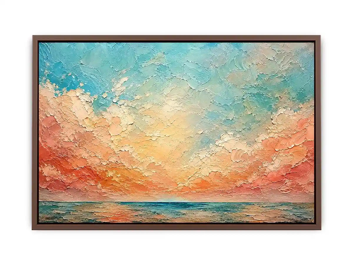 Pastel coastal seascape canvas art for calming bedroom or living room wall decor.