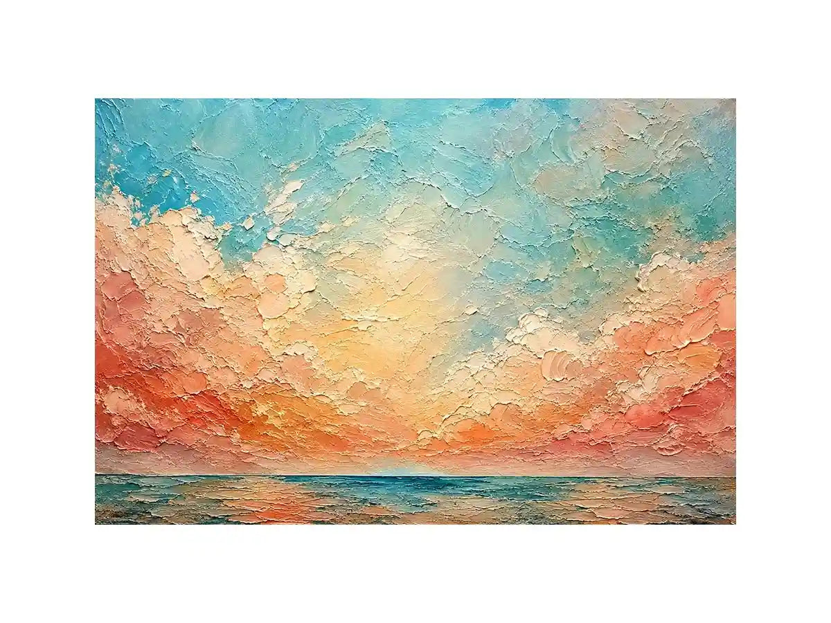 Pastel coastal seascape canvas art for calming bedroom or living room wall decor.