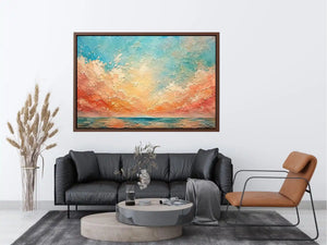 Pastel coastal seascape canvas art for calming bedroom or living room wall decor.